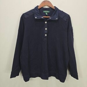 Lauren Ralph Lauren Top 1X Navy Blue‎ Ribbed 1/4 Button Pullover Collar Logo